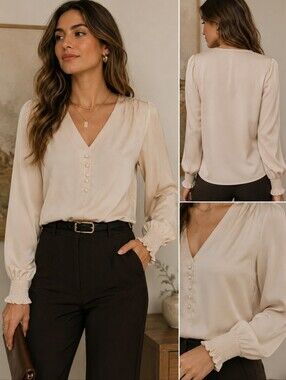 Cream Satin Button Front Blouse  Feminine Office Chic Minimalist Top Size S